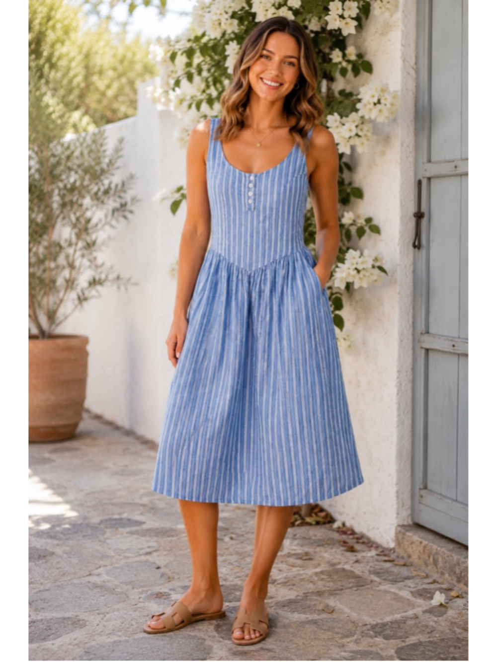 Blue Striped Sleeveless Midi Dress